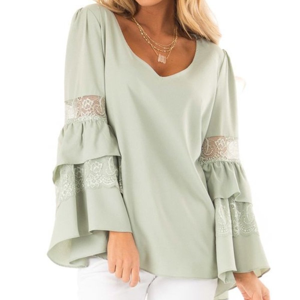 Sage Blouse with Lace Inset Tiered Ruffle Sleeve